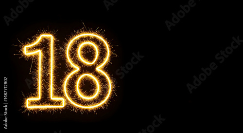 18,  eighteen,  number, Number 18 made of Sparkling Fireworks on Black Background