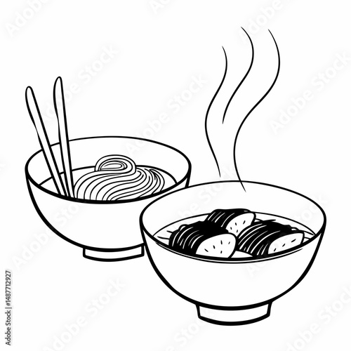 Minimalist Line Drawing Set of Japanese Sushi and Ramen Bowls