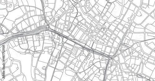A detailed black and white map illustration showcasing an intricate layout of streets. buildings. and natural features. ideal for urban planning or artistic projects