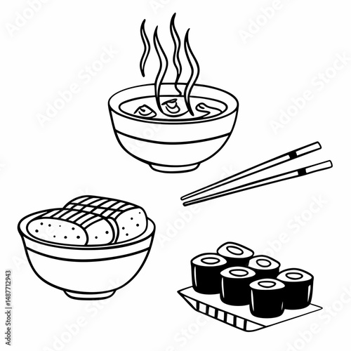 Minimalist Line Drawing Set of Japanese Sushi and Ramen Bowls