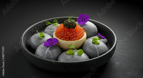 caviar,  red caviar,  black caviar, Exquisite Red and Black Caviar on Stones