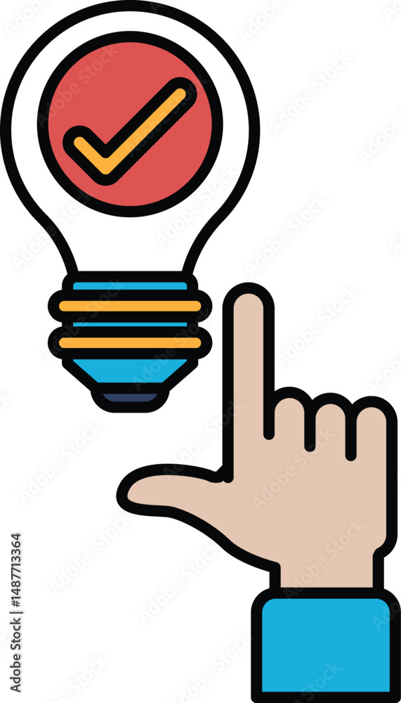 Obraz premium A hand pointing to a light bulb with a check mark on it