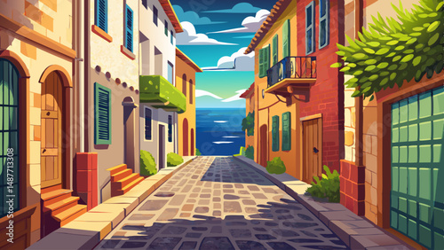 A narrow cobblestone alleyway stretches between two rows of buildings, leading to a distant view of the sea.