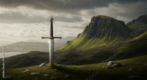 sword,  stone,  fantasy, Sword in the Stone, Epic Fantasy Landscape