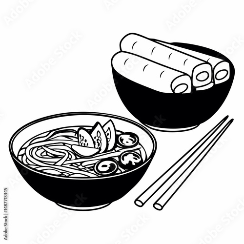 Delicate Line Art Illustration of Vietnamese Pho and Spring Rolls