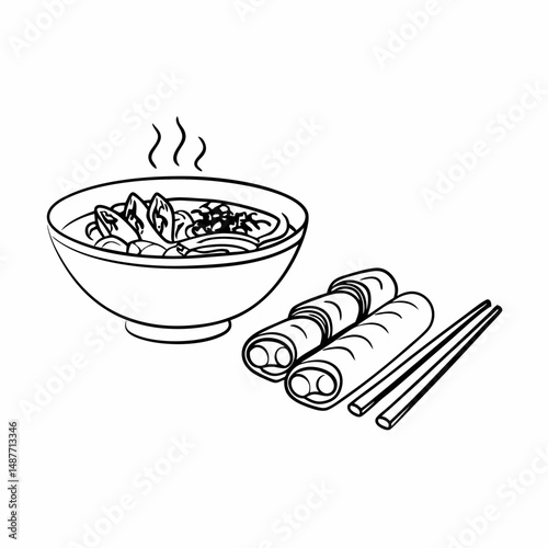 Delicate Line Art Illustration of Vietnamese Pho and Spring Rolls