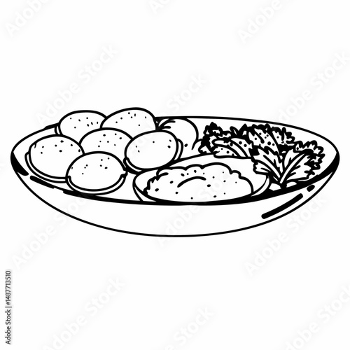Detailed Line Art Illustration of Lebanese Mezze Plate with Hummus, Falafel, and Tabouli for Middle Eastern Restaurant Menus.