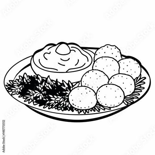 Detailed Line Art Illustration of Lebanese Mezze Plate with Hummus, Falafel, and Tabouli for Middle Eastern Restaurant Menus.
