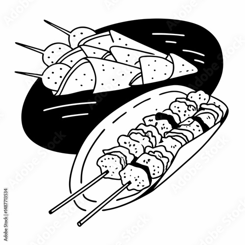 Minimalist Line Art Illustration of Greek Souvlaki and Gyro for Takeout Packaging and Fast Food Branding.