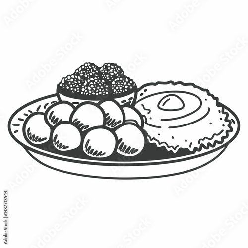 Detailed Line Art Illustration of Lebanese Mezze Plate with Hummus, Falafel, and Tabouli for Middle Eastern Restaurant Menus.