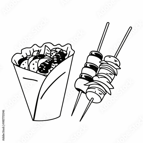 Minimalist Line Art Illustration of Greek Souvlaki and Gyro for Takeout Packaging and Fast Food Branding.
