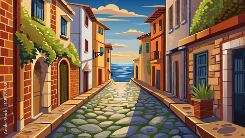 A narrow cobblestone alleyway stretches between two rows of buildings, leading to a distant view of the sea.