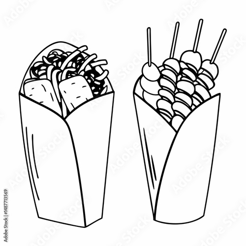 Minimalist Line Art Illustration of Greek Souvlaki and Gyro for Takeout Packaging and Fast Food Branding.