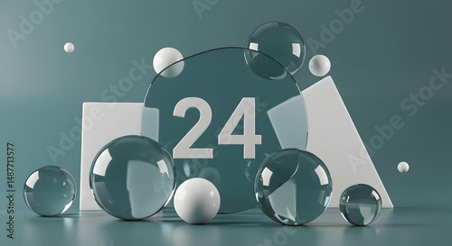 24,  24 hours,  twenty four, Abstract 24 Hour Concept with Glass Spheres and Geometric Shapes