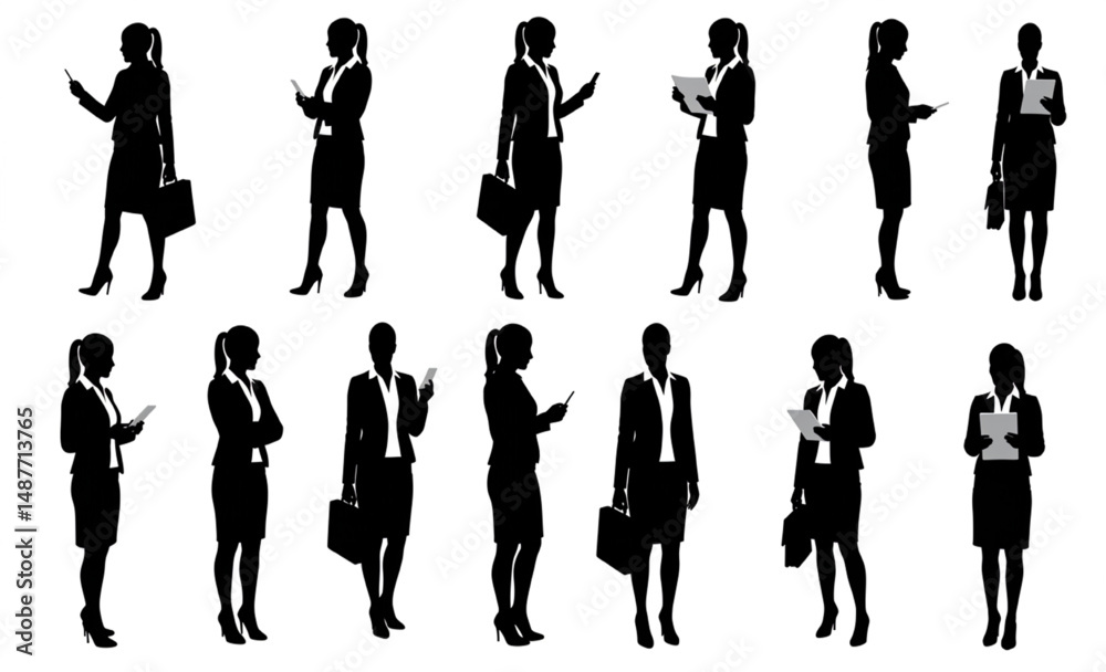 Fototapeta premium Businesswoman Silhouettes Collection with Briefcase and Tablet | Vector Set of Professional Women in Formal Attire for Corporate Design and Presentations