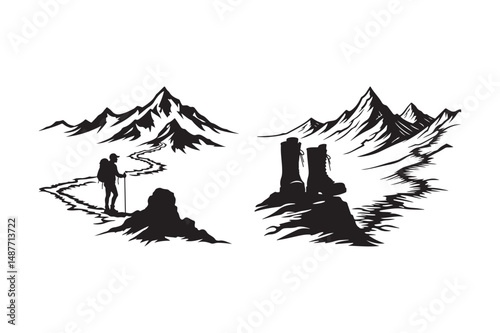 Mountain Hiking Silhouette Art with Trekker and Boots in Scenic Landscape