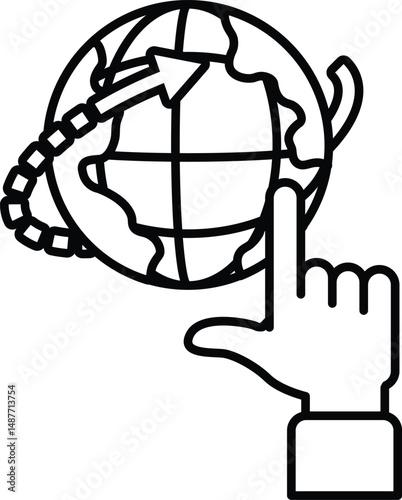 A hand pointing at a globe