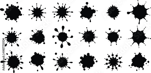 Set of black ink splashes and drops vector. Blotter spots, liquid paint drip drop splash  on a transparent png background