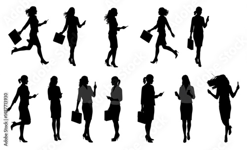 Business Woman Silhouettes with Briefcase and Smartphone | Diverse Female Professionals in Various Poses for Corporate and Career Visuals