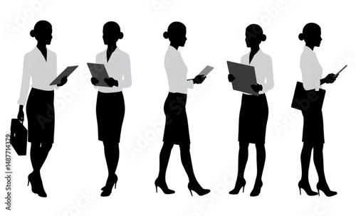 Professional Businesswoman Silhouette Set with Tablet and Briefcase | Corporate Female Figures for Presentations, Infographics, and Website Design