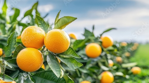 the vibrant, succulent oranges ripen on the lush green trees of the sprawling orange farm, ready to be picked at the peak of sweetness.