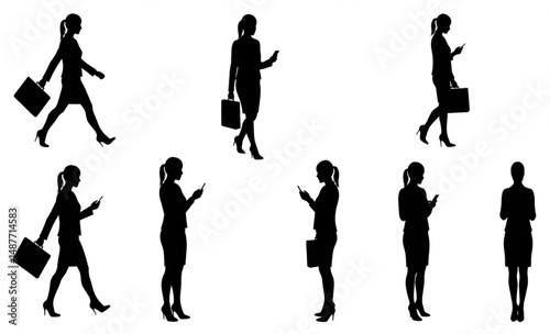 Businesswoman Silhouettes Set with Briefcases and Smartphones | Corporate Female Figures for Business, Technology, and Finance Marketing
