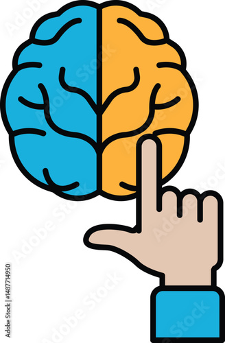A hand pointing at a brain with a blue and orange line dividing it