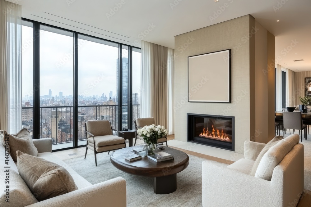 Fototapeta premium A modern living room featuring cozy. circular armchairs arranged around a central coffee table. with a warm fireplace and large windows showcasing a cityscape in the background