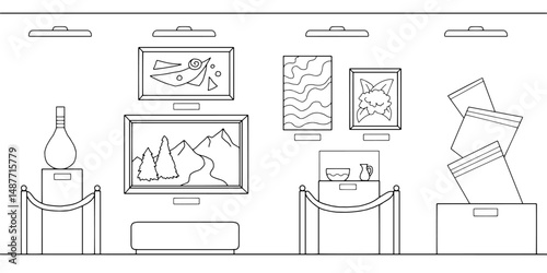 Museum interior graphic black white sketch illustration vector 