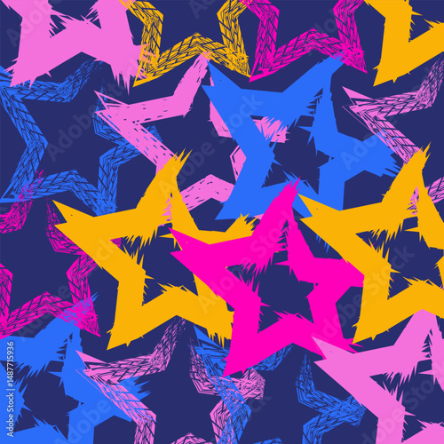 Abstract seamless chaotic pattern with urban geometric elements, scuffed, drops, stars and sprays. Grunge neon texture background. Wallpaper for teen girls. Fashion sport style