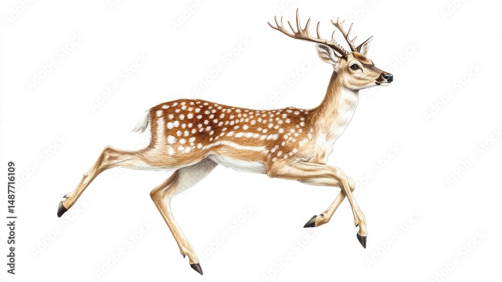 Obraz premium A deer with antlers is walking across, Spotted Deer (Chital) with Antlers Walking – Full Body Isolated on Transparent Background, photo of a deer floating mid-air, Leaping deer in motion.
