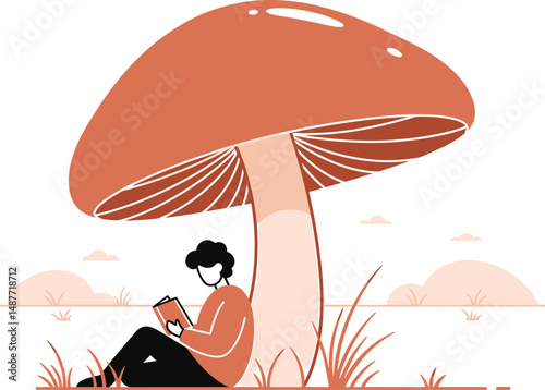 Reading Under Mushroom Vector Illustration