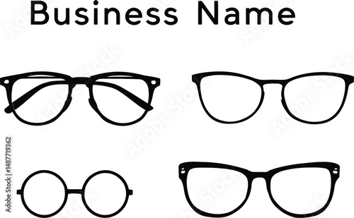 Eyewear Collection Emblem Featuring Four Unique Styles of Glasses, Arranged in a Grid Beneath a Placeholder Business Name, Representing Optical Fashion, Professional Eyecare, and Stylish Accessories