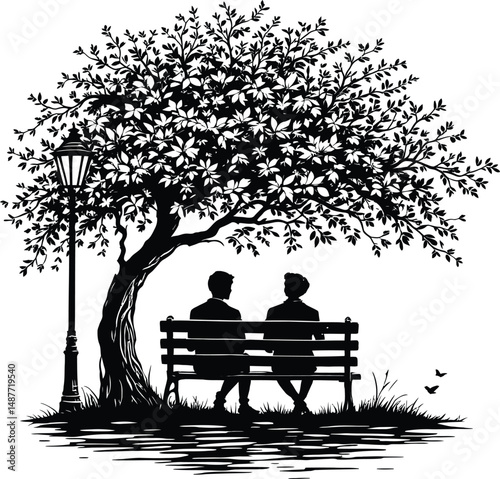 Peaceful Park Scene Silhouette Featuring Two People Sitting on a Bench Beneath a Large Tree with Dense Foliage, a Street Lamp Nearby, and a Bird Resting on the Ground, Representing Tranquility