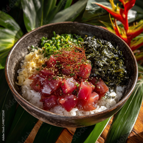 Authentic Hawaiian poke bowl with raw tuna, seaweed, and rice