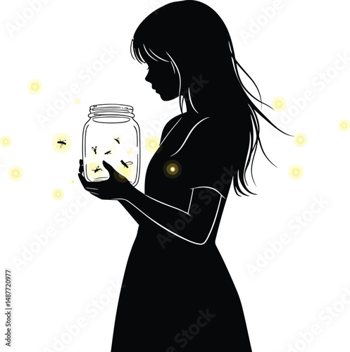 Girl with Fireflies - Minimalist Vector