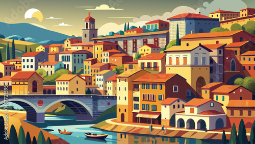 Attractive cityscape of Bosa town with Ponte Vecchio bridge across the Temo river.