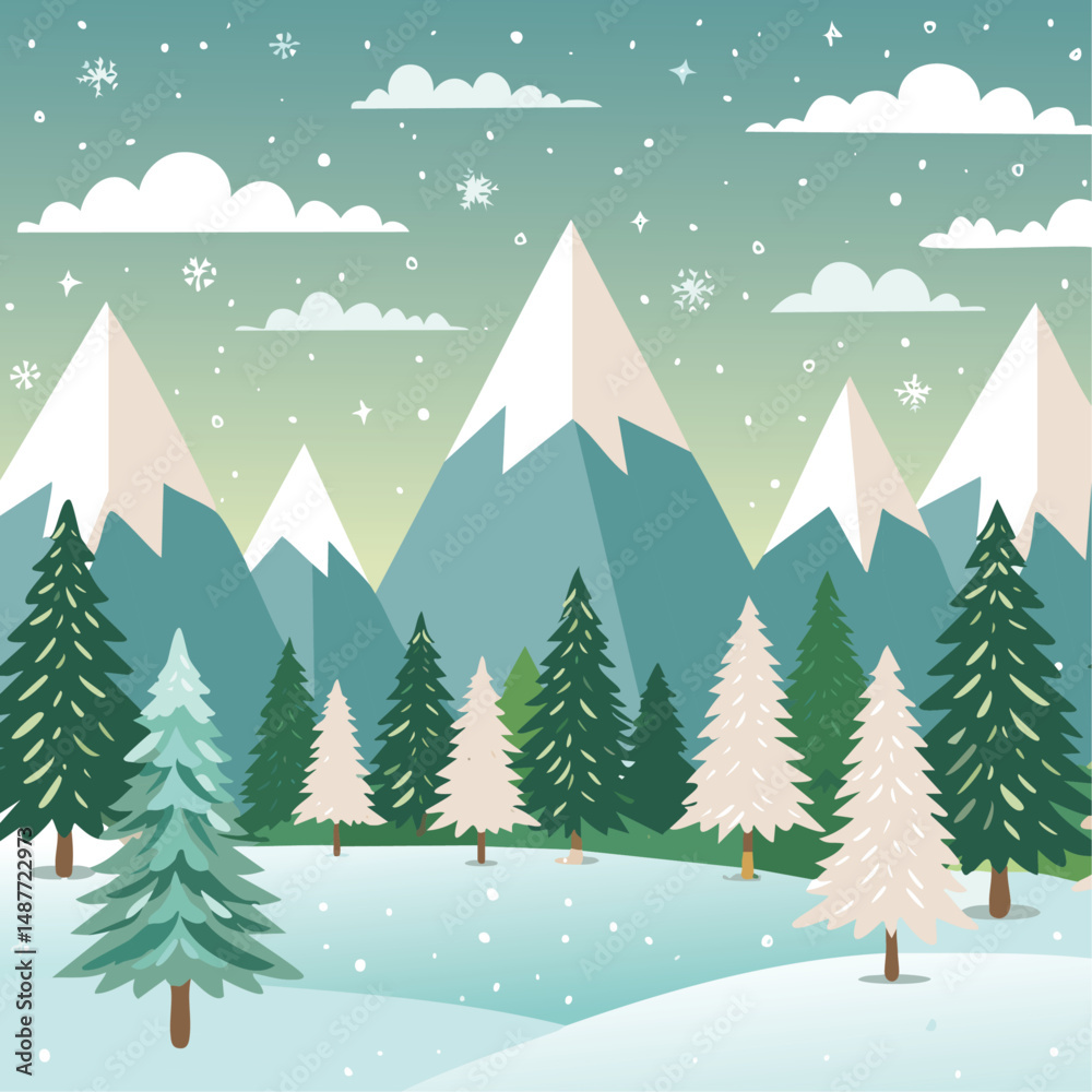 Obraz premium Snowy forest with fir trees vector illustration in scandinavian laconic style. Christmas natural background for postcards and invitations. New Year's backdrop of cold northern nature.