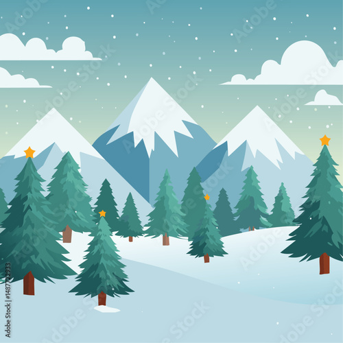 Snowy forest with fir trees vector illustration in scandinavian laconic style. Christmas natural background for postcards and invitations. New Year's backdrop of cold northern nature.	