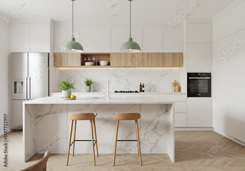 Elegant modern kitchen with sleek white cabinets, green pendant lights, and a marble countertop with wooden stools, ideal for a stylish dining and cooking space