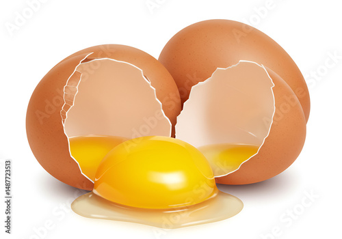 Realistic broken brown eggs with vibrant yellow yolk on a minimalist white background, perfect for culinary food illustrations.