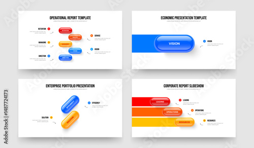 Visual Visualization Five One Two Three Step Diagram Slide Template Vector Illustration Set. Market Development 5 1 2 3 Element Infographic Presentation Design Collection.