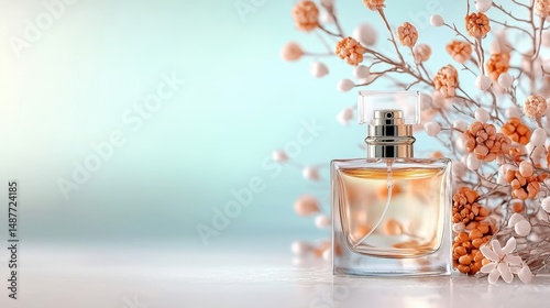 aesthetically pleasing transparent glass perfume bottles, adorned with delicate floral motifs, evoke a sense of fresh spring romance and elegance in this stylish parfumerie banner.