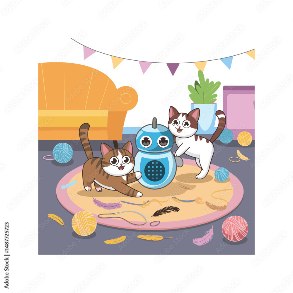 Fototapeta premium Cute Cats Playing with Robot Toy in Cozy Living Room