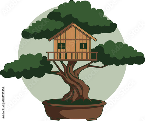 Minimalist Bonsai Treehouse Vector