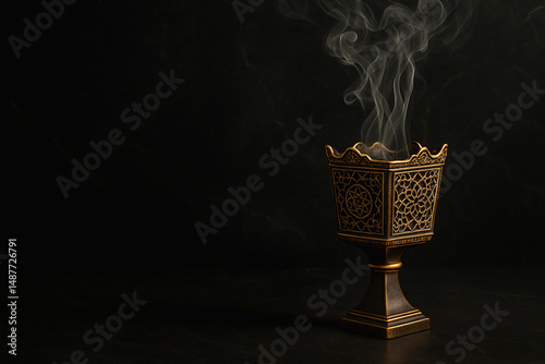 Traditional Arabian Incense Burner with Smoke on Dark Background. Generative AI