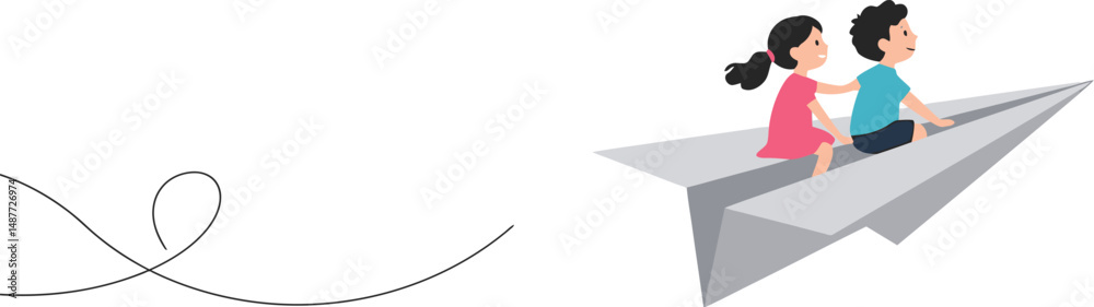Obraz premium Boy and Girl on Paper Airplane - Minimalist Vector