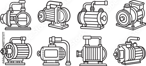 set of vacuum pump line art, black outline, vector and illustration, coloring book page line art drawing