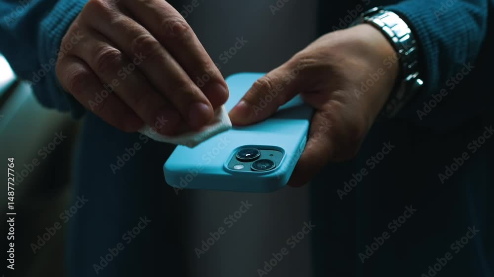 A phone user wipes the phone screen with an antibacterial wipe.
The process of wiping the display on a smartphone.
Hygiene and cleanliness of personal items during a pandemic