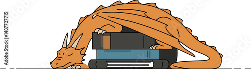Sleeping Dragon on Books - Minimalist Vector